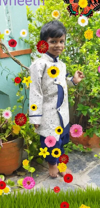 Child in traditional attire standing in a vibrant garden with a butterfly above.