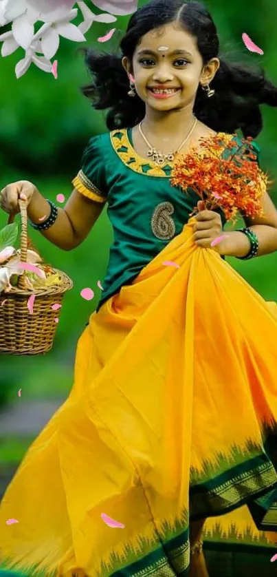 Joyful girl in traditional Indian dress, holding flowers on a vibrant green background.