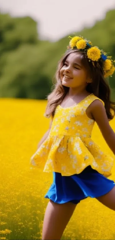 Joyful girl dancing in yellow flower field.