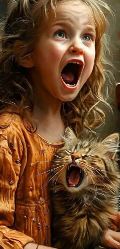 Joyful girl with a yawning kitten, vibrant and playful mobile wallpaper.