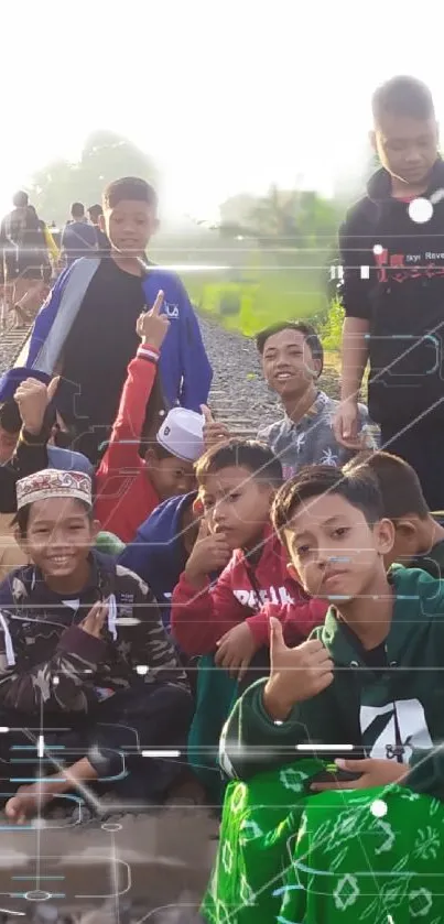 Group of friends enjoying an outdoor moment with cheerful expressions.