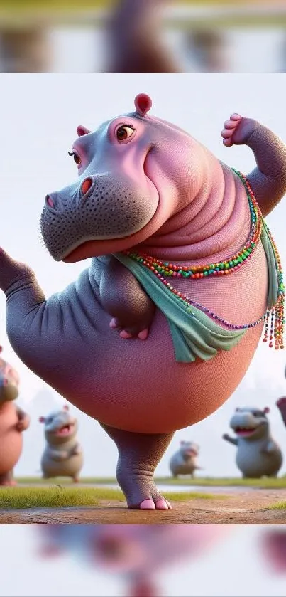 Cartoon hippo dancing joyfully with colorful necklaces.