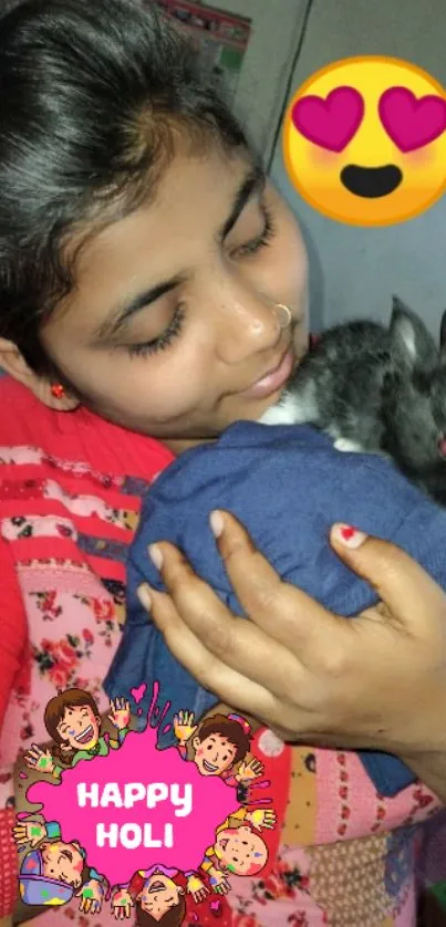 Girl hugging a rabbit with colorful Holi emojis.