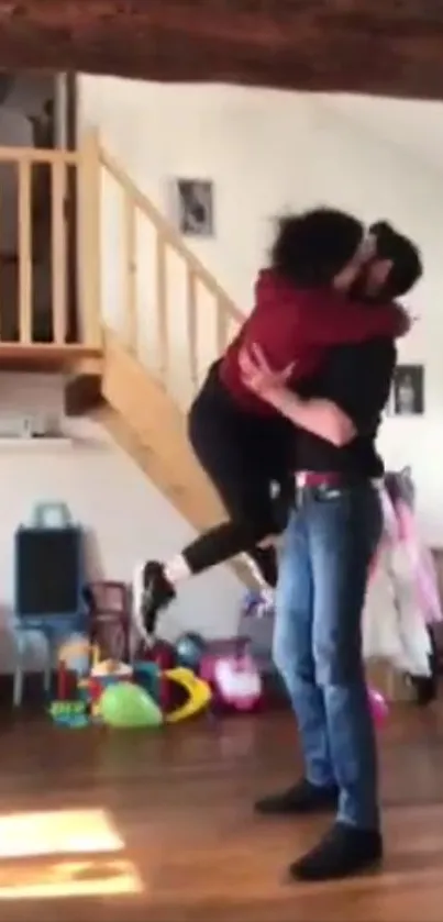 Couple embracing in a playful, cozy room.