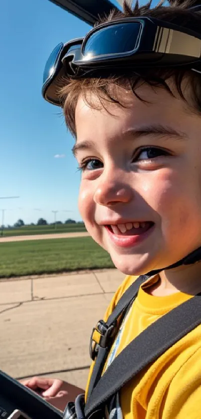 Smiling child wearing aviator gear near helicopter on runway.