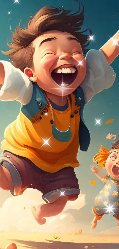 Kids joyfully playing in vibrant cartoon scene.
