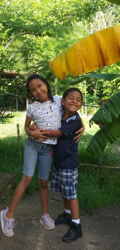 Children hugging joyfully in a lush outdoor garden scene.