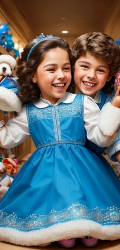 Smiling children in blue dresses playing with colorful toys in a store.