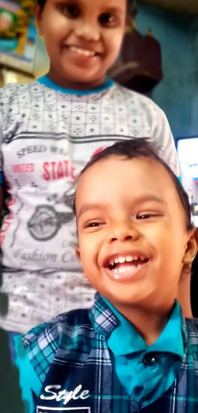 Joyful children laughing with colorful background.