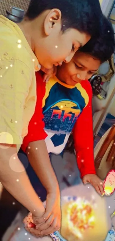 Two joyful kids in colorful outfits enjoying a playful moment.