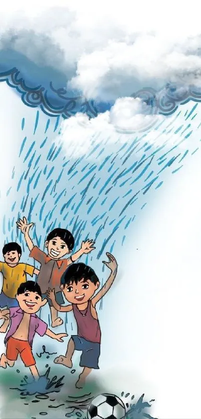 Illustration of children playing joyfully in the rain with a soccer ball under clouds.