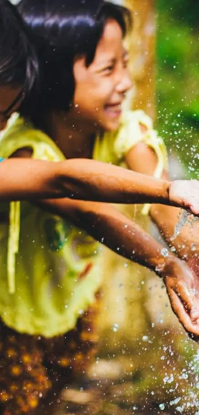 Children joyfully playing with water outdoors, surrounded by vibrant colors.