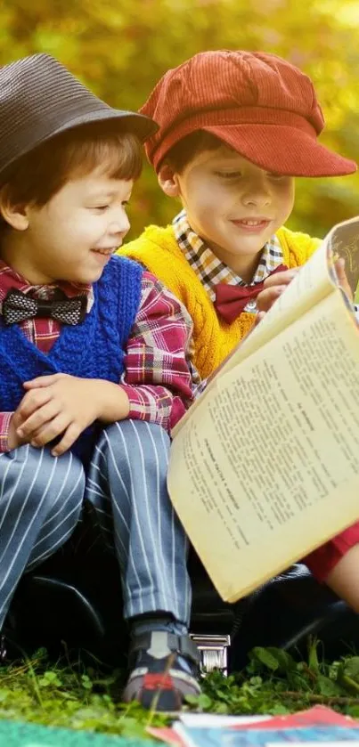 Children reading outdoors in vintage style.