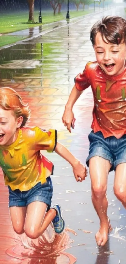 Two kids joyfully run barefoot on a colorful, rainy path in a park.