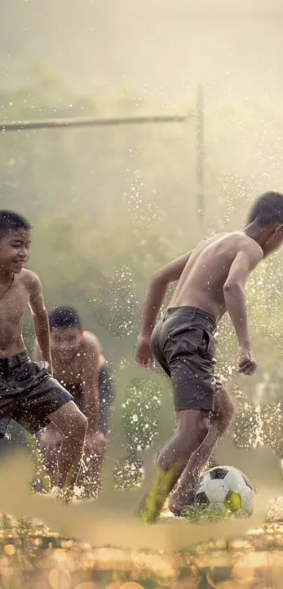 Kids joyfully playing soccer in the water splash under sunlight.