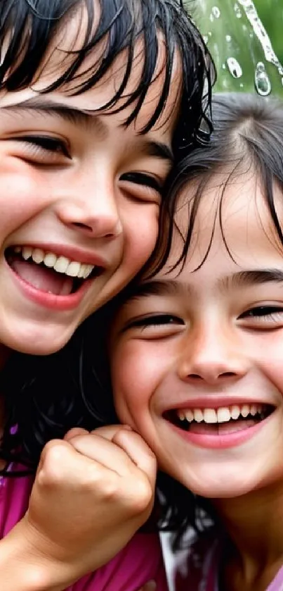 Two joyful kids with wet hair smiling under rain.