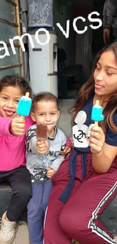 Kids enjoying colorful popsicles outdoors, smiling joyfully.