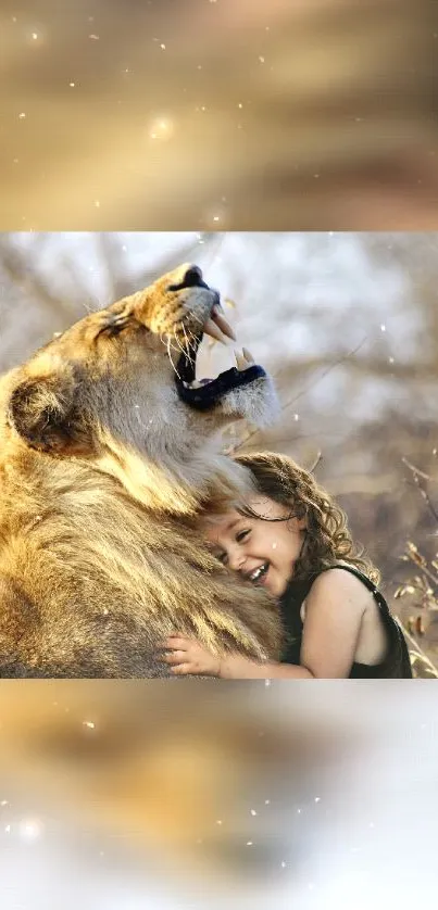 A child joyfully hugs a roaring lion in a warm, golden nature background.