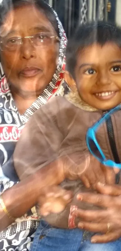 Grandmother with child on an urban street, sharing a joyful moment.