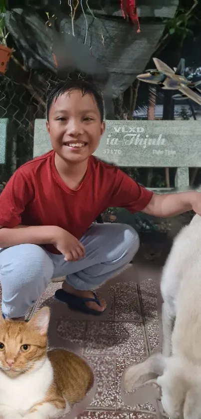 Child smiling with pets in an outdoor setting.