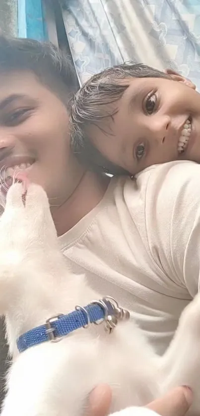 Joyful family moment with puppy and child smiling.