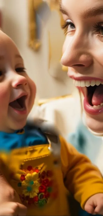 Mother and baby laughing joyfully, colorful attire.