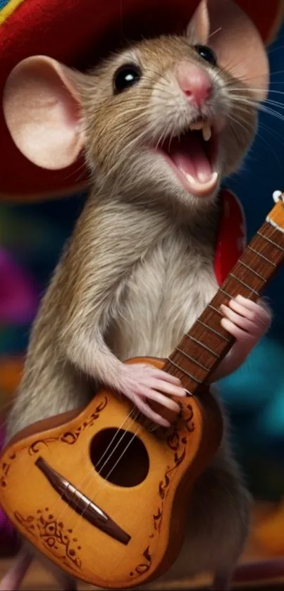 Cartoon mouse joyfully playing a guitar