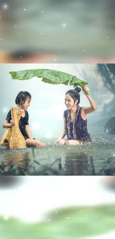 Happy children playing in a scenic outdoor setting with a leaf umbrella.