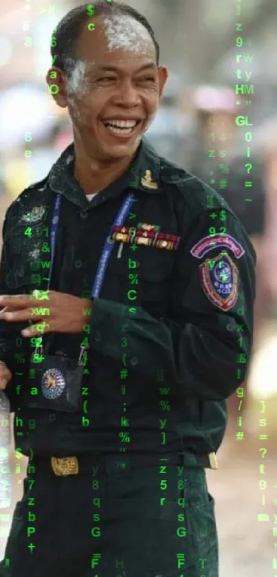 Officer smiling in festive celebration with traditional attire.