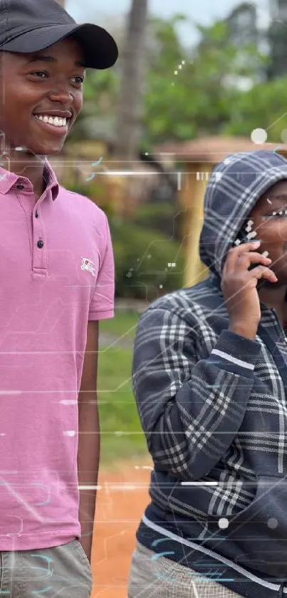 Two friends enjoying a joyful outdoor moment, one on the phone.