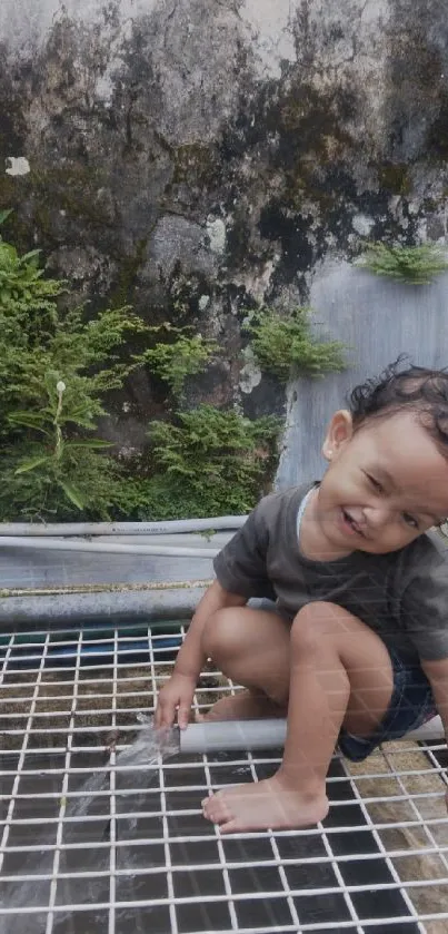 A joyful child playing outdoors near greenery.