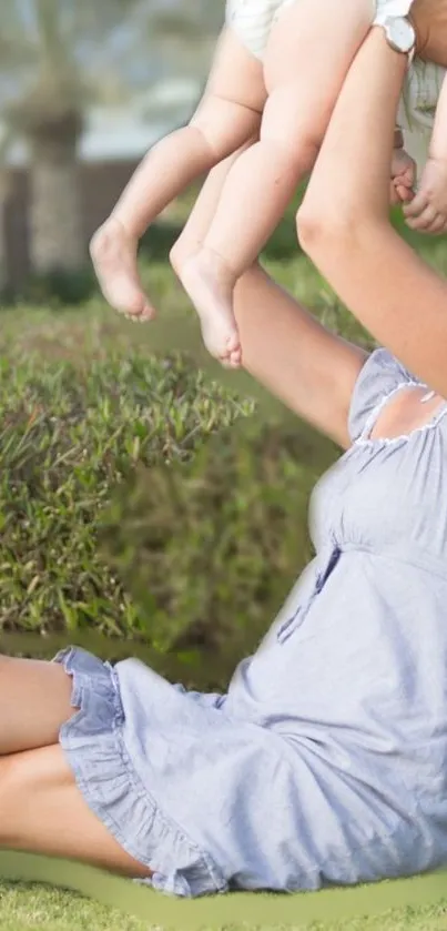 Parent and child playing outdoors in a green park.