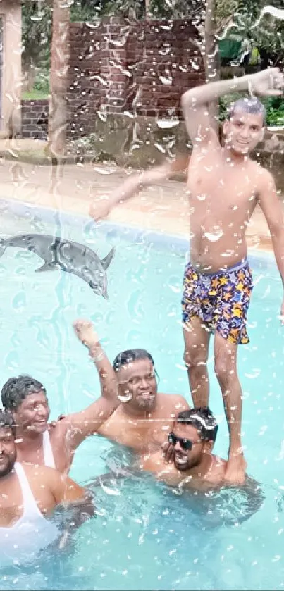 Group of friends enjoying a lively pool celebration.