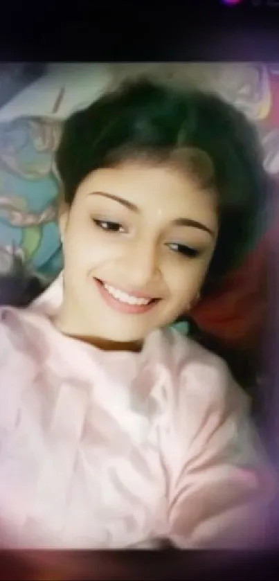 Smiling person with soft pink colors in mobile wallpaper.