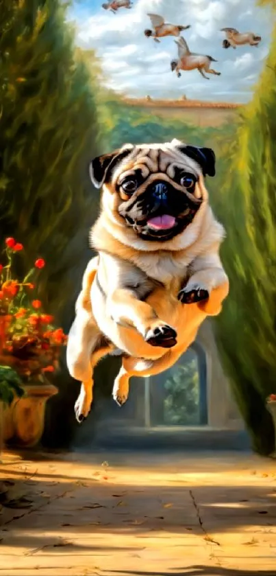 Playful pug jumping in lush, vibrant garden.