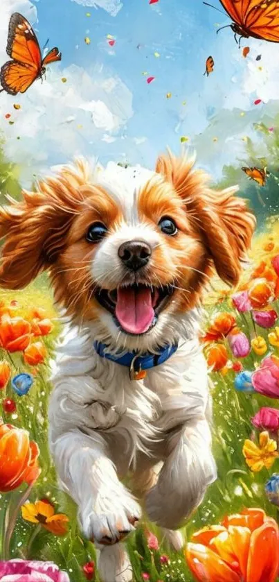 Happy puppy running through vibrant flower field with butterflies.