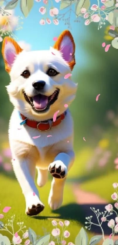 Joyful puppy running in a spring garden with flowers.