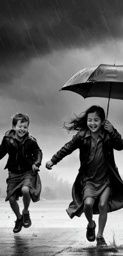 Children joyfully running in the rain with an umbrella against a stormy sky.