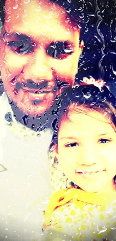 Father and daughter smiling with raindrop effect.