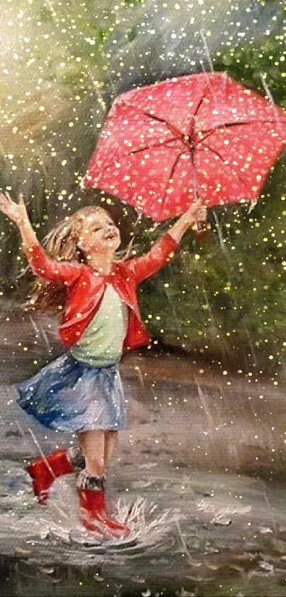 A joyful girl with a red umbrella in the rain, splashing water around.