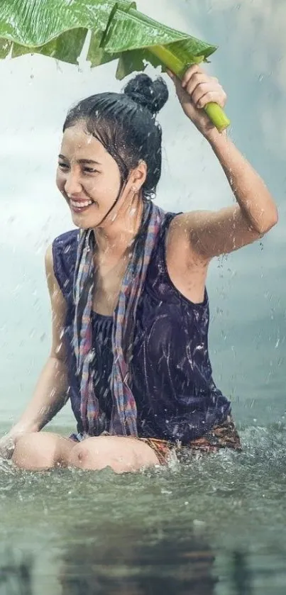 Woman smiling in rain with banana leaf.