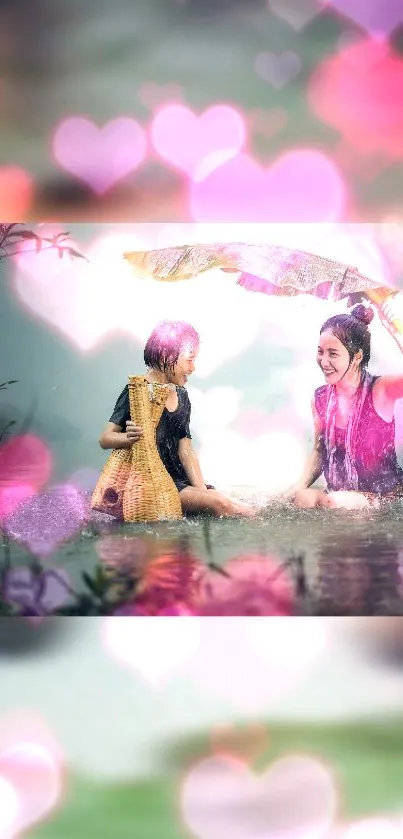 Two women laughing under an umbrella surrounded by pink bokeh hearts.