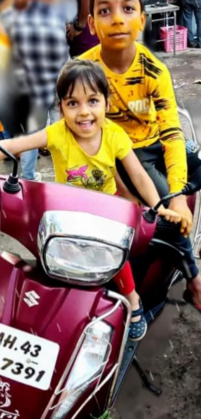 Children enjoying a joyful scooter ride on a sunny day.