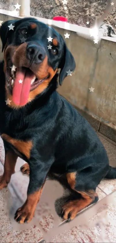 Joyful Rottweiler with tongue out and stars around on a sunny day.