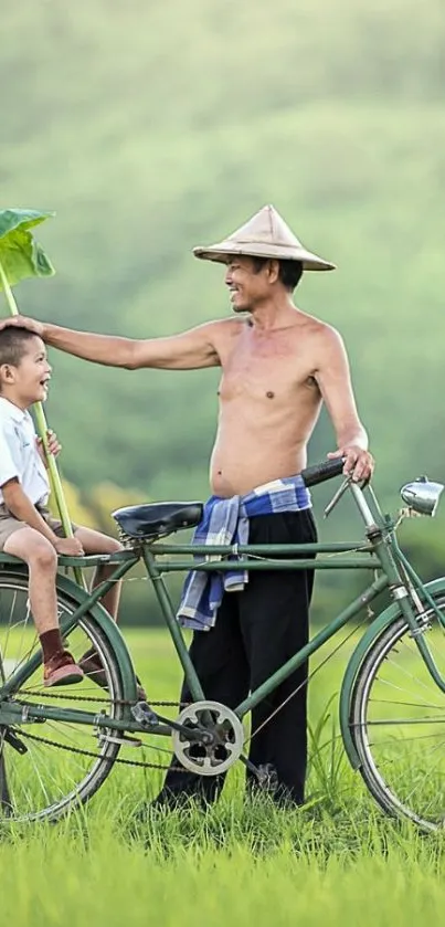 Man and child enjoying a bicycle ride in lush green fields.