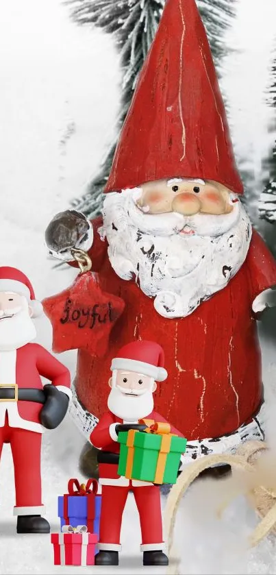 Santa Claus figurines with gifts on snowy Christmas wallpaper.