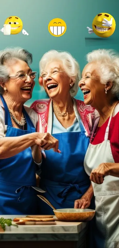 Elderly women enjoying cooking together with laughter and smiles.