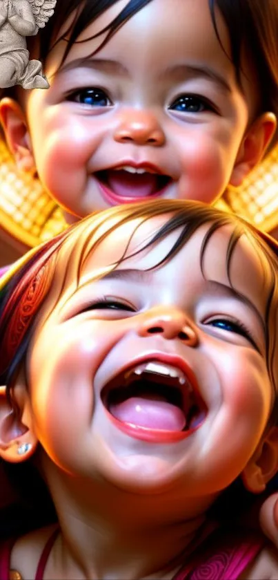 Two smiling babies with angel statue and colorful background.