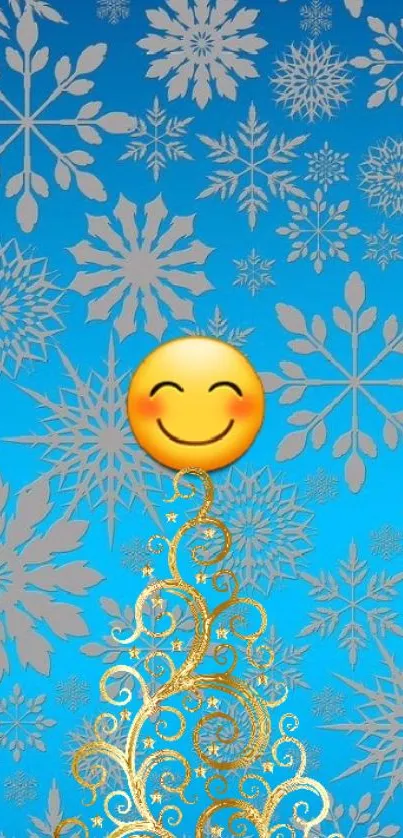 Blue wallpaper with snowflakes and a smiling emoji on golden swirls.