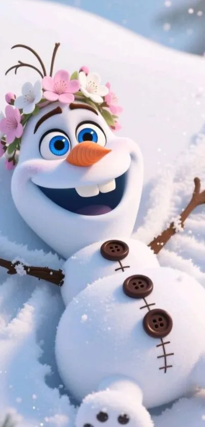 Joyful snowman with flowers in snow.
